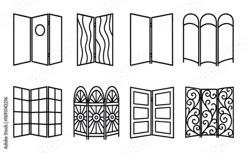 Room dividers linear icons set. featuring panel, folding, screen, partition, privacy, and decor symbols.