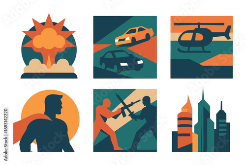 Action movie flat icon set. featuring explosion, car chase, helicopter, superhero, combat, and cityscape symbols.