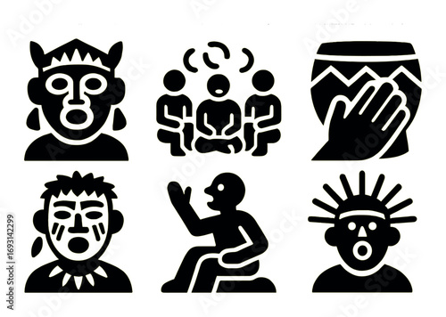 Tribal culture silhouette icon set. featuring masks, drumming, storytelling, chanting, and traditional gathering symbols.
