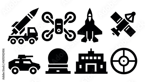 Military equipment silhouette icon set. featuring rocket, drone, jet, satellite, armored vehicle, radar, base, target.
