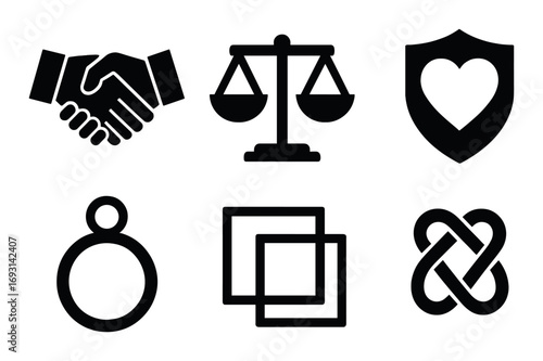 Business and ethics silhouette icon set. featuring handshake, scales, heart, ring, squares, and knot symbols.