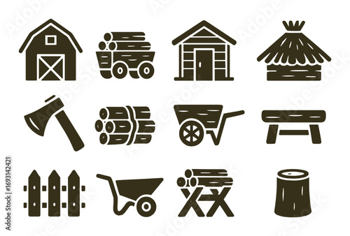 Farming and woodworking silhouette icons set. featuring barn, logs, shed, hut, axe, cart, bench, fence, stump.