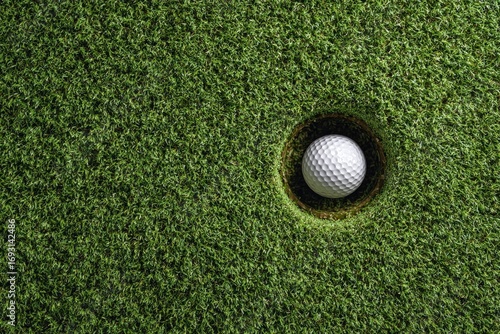 Golf ball in a hole on artificial turf