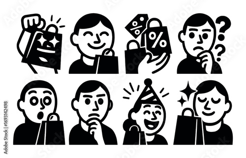 Shopping and emotions silhouette icon set. featuring shopping bag, sale, decision, surprise, and joy symbols.