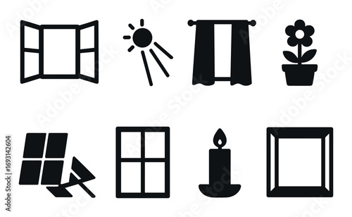Home essentials silhouette icon set. featuring window, sun, curtain, flower pot, broken glass, candle, and mirror.