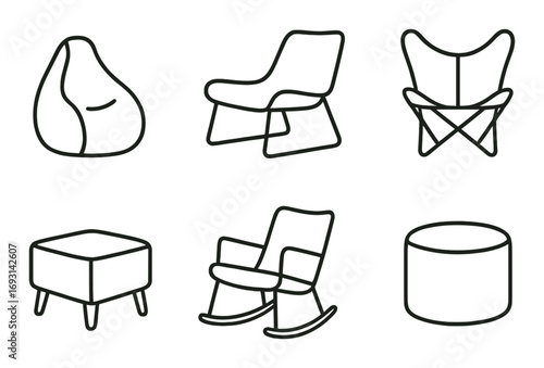 Furniture silhouette icon set. featuring bean bag, armchair, butterfly chair, ottoman, rocking chair, and pouf.
