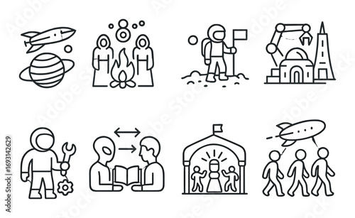 Space exploration silhouette icon set. featuring rocket, astronaut, alien, planet, spaceship, and campfire symbols.