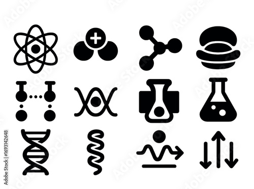 Science and chemistry silhouette icon set. featuring atom, molecule, dna, flask, and chemical reaction symbols.