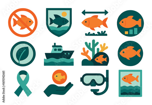 Marine conservation flat icon set. featuring no fishing, fish protection, coral reef, ecology, snorkel, and boat symbols.