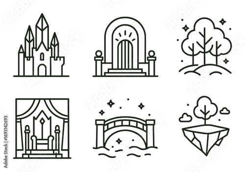 Fantasy and nature linear icon set. featuring castle, door, tree, throne, bridge, floating island.