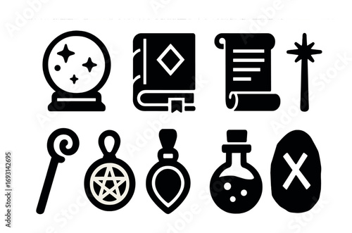 Magic silhouette icon set. featuring crystal ball, book, scroll, wand, staff, pentagram, potion, and rune icons.
