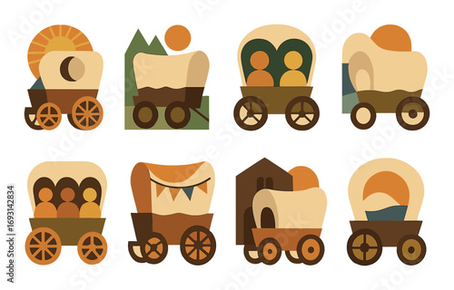 Pioneer wagon silhouette icon set. featuring covered wagon, pioneers, sun, mountains, and wheels.