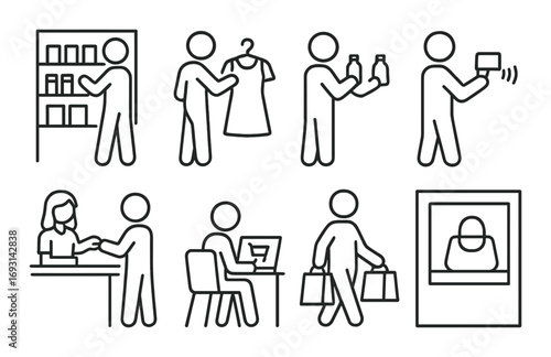 Shopping and retail linear icon set. featuring browsing, clothing, juice, selfie, checkout, laptop, bags, and cashier symbols.