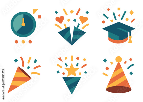 Celebration flat icon set. featuring clock, gift, confetti, graduate cap, and party hat symbols.