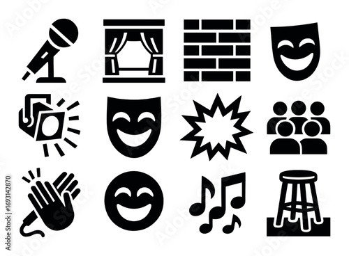Theater silhouette icon set. featuring microphone, stage, brick wall, comedy, lights, clapping, audience, music, stool..