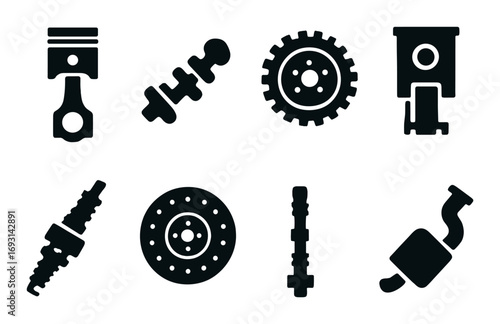 Automotive parts silhouette icon set. featuring piston, camshaft, gear, cylinder, spark plug, brake disc, and exhaust.