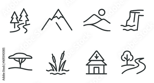 Nature exploration silhouette icon set. featuring forest, mountains, landscape, waterfall, savanna, reeds, cabin, and tree path.