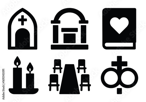 Religion and ceremony silhouette icon set. featuring church, altar, bible, candles, seating, rings.