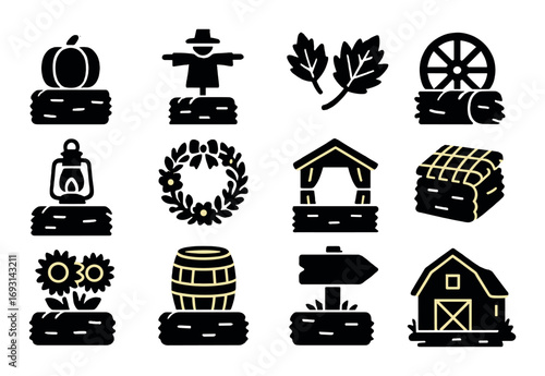 Farm-themed silhouette icon set. featuring barn, scarecrow, pumpkin, wheel, hay, leaves, wreath, and lantern.