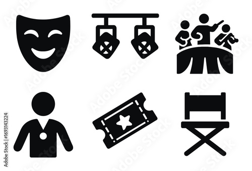 Theater silhouette icon set. featuring mask, spotlight, orchestra, audience, ticket, director chair symbols.