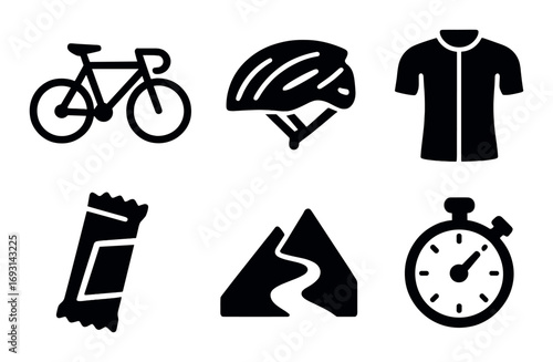 Cycling silhouette icons set. featuring bicycle, helmet, jersey, energy bar, mountains, stopwatch symbols.
