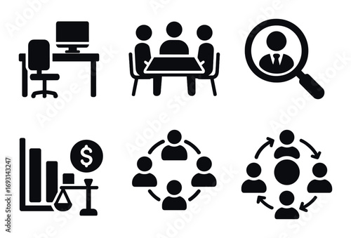 Business and teamwork silhouette icon set. featuring workspace, meeting, recruitment, analysis, networking, strategy.