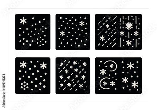 Snowfall silhouette icon set. featuring snowflakes, stars, snowdrift, flakes, and frost patterns.