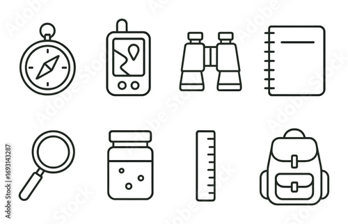 Travel and adventure linear icon set. featuring compass, map, binoculars, notebook, magnifying glass, jar, ruler, backpack.