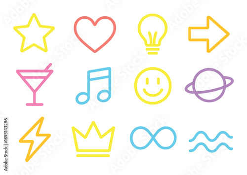 Neon silhouette icon set. featuring star, heart, lightbulb, arrow, cocktail, music note, smiley, planet, lightning, crown, infinity, waves.