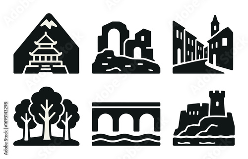 Landmark silhouette icon set. featuring temple, ruins, street, tree, bridge, and castle symbols.