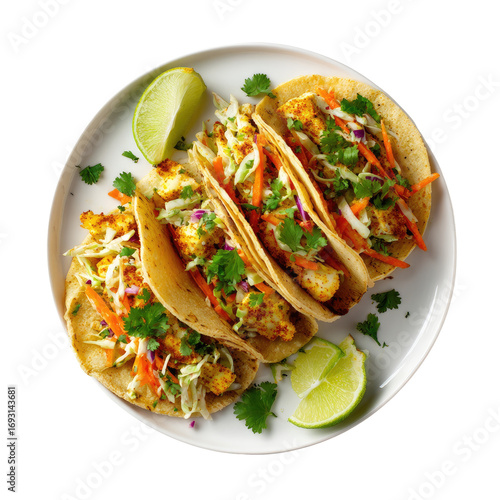 Three tacos arranged on a white plate.  Fresh ingredients like shredded cabbage, carrots, cilantro, and lime slices.  Golden-brown corn tortillas
