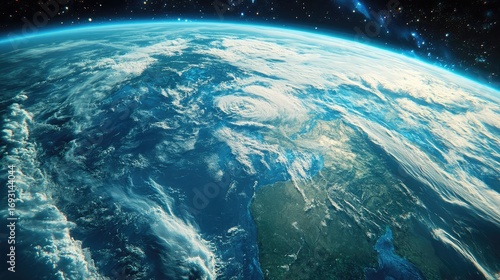 View of Earth from space showing clouds over ocean and landmass. Curved horizon under sunlight with visible atmosphere and space in background. Generative AI