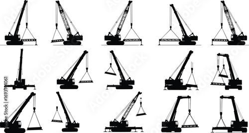 Silhouettes of cranes lifting heavy construction materials, industrial equipment, building site machinery, construction work, heavy lifting, structural assembly, engineering project.