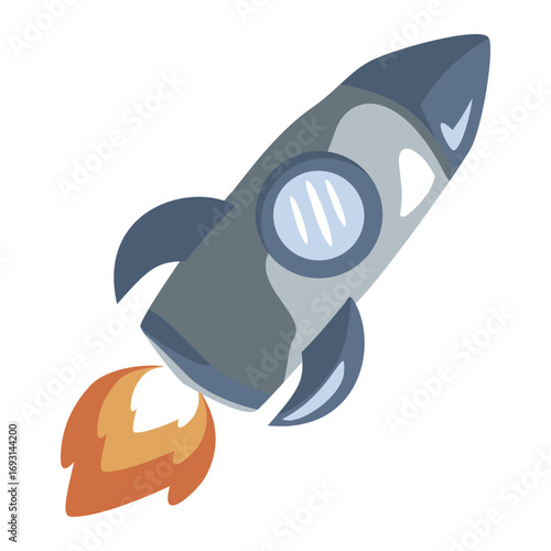 Blue cartoon rocket with fire flame in flat vector style. Ideal for space clipart, wallpapers and science projects.