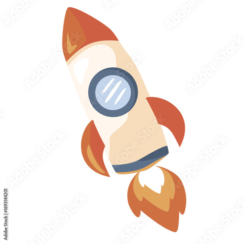 White and red cartoon rocket with bright fire flame. Perfect for space designs, kids’ illustrations and clipart sets.