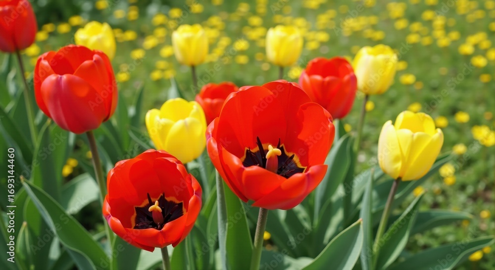 Fototapeta premium Red and yellow tulips blooming in a spring garden. Close-up of colorful flowers in a field. Natural floral background with selective focus.