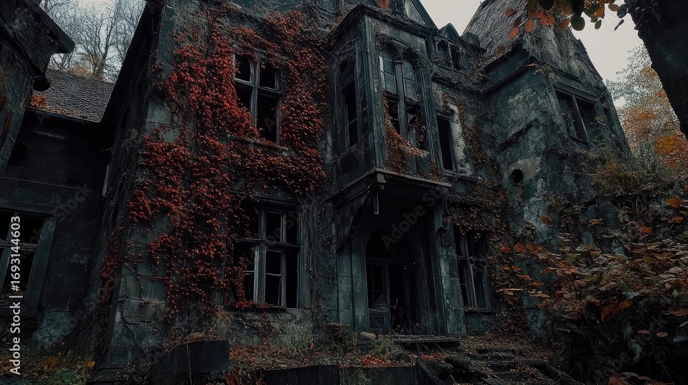 Fototapeta premium Abandoned house covered in ivy and overgrowth. Broken windows and aged facade create eerie mood in natural overgrown surroundings. Generative AI