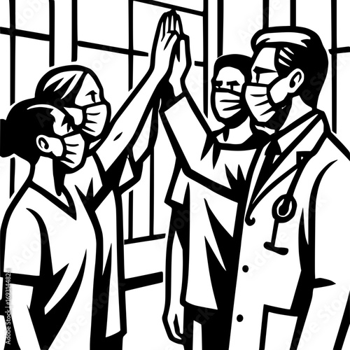 Healthcare heroes celebrating victory together high five teamwork
