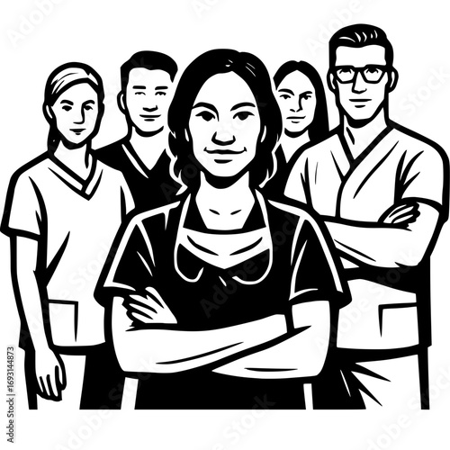 Professional healthcare team stands together confidently