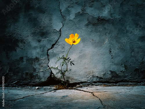Resilience of nature: a single yellow flower growing through a cracked wall