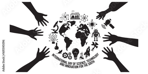 Silhouettes of hands reaching towards a circular graphic depicting the Earth surrounded by symbols of science, technology, and progress.
