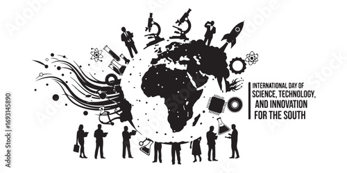 A stylized illustration depicting the Earth surrounded by symbols of science, technology, and human progress, emphasizing global collaboration and innovation.