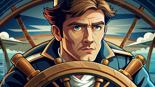 Close-up portrait of male sailor gripping ship wheel firmly. Isolated background reflects adventure, discipline, and timeless strength of seafaring life.