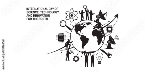 A black and white illustration celebrating science, technology, and innovation with a globe at its center and various symbolic elements.