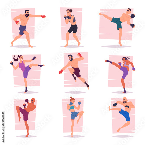 Fighters. Mma characters fight in different poses exact vector mixed martial arts persons