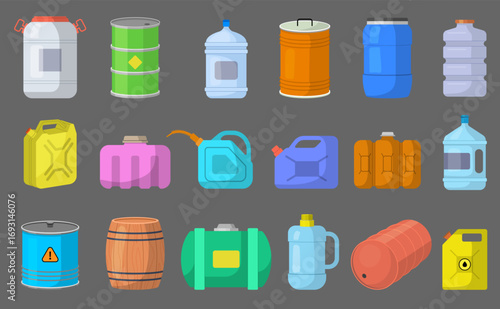 Containers for liquid. Canister jars cans and barrels bottles for different liquids recent vector cartoon illustrations