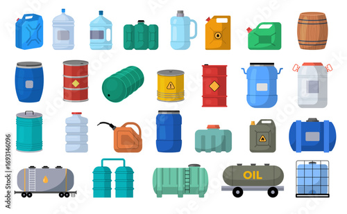 Liquid storage. Different size containers for liquids bottles canister industry barrels recent vector template set