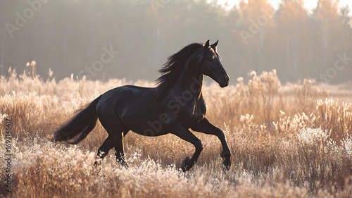 Majestic Black Friesian Horse Galloping Through Golden Field at Sunrise