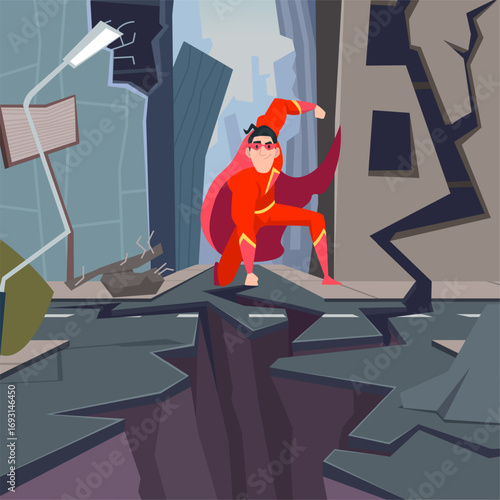 Superhero. red uniform hero in damages cracked city