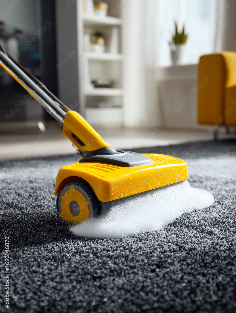Obraz premium Handheld carpet cleaner removing foam from a dark gray rug in a modern living room